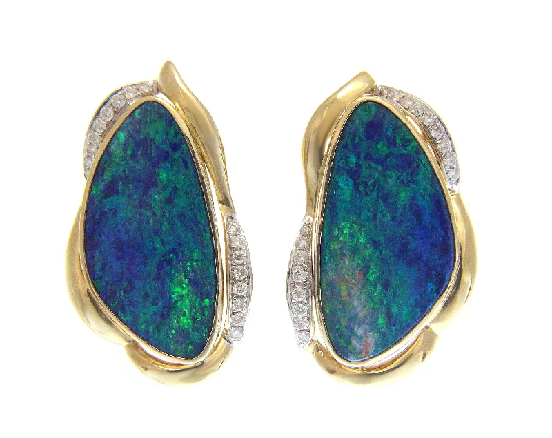 GENUINE AUSTRALIAN OPAL DIAMOND EARRINGS OMEGA BACK SOLID 14K YELLOW GOLD 18MM