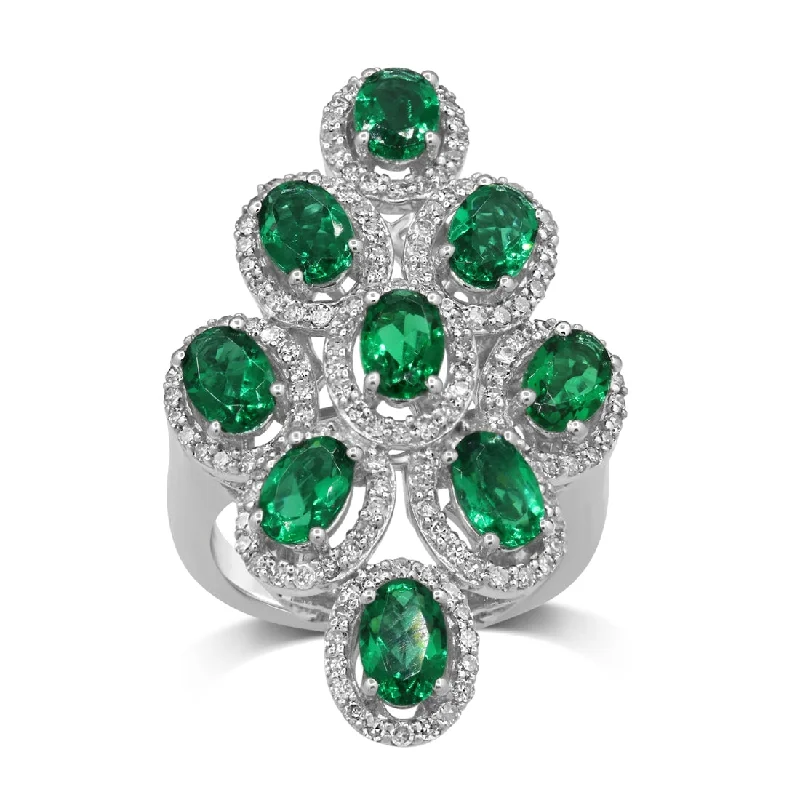 9ct White Gold Created Emerald & 0.85ct Diamond Multi Oval Ring