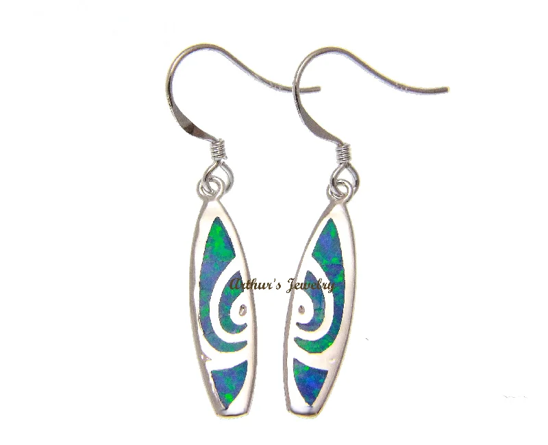 INLAY OPAL HAWAIIAN SURFBOARD WIRE HOOK EARRINGS 925 STERLING SILVER 6.4MM