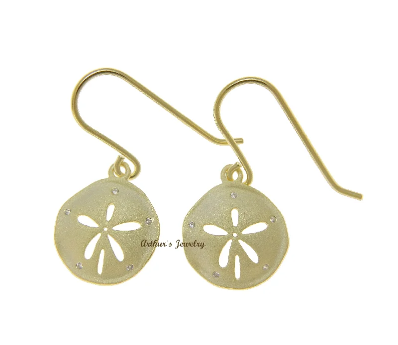 YELLOW GOLD PLATED 925 SILVER HAWAIIAN SAND DOLLAR HOOK EARRINGS CZ 14MM