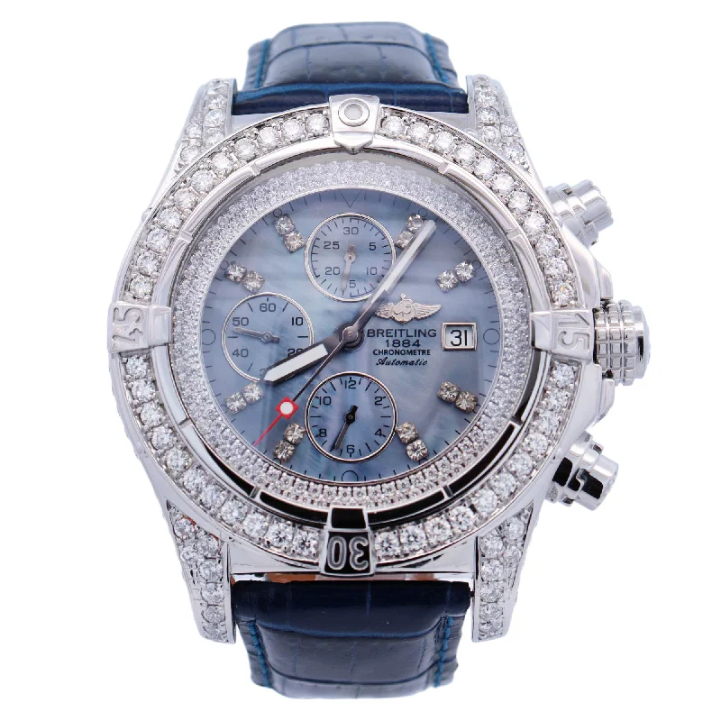 Breitling Super Avenger Stainless Steel Iced Out Dark MOP Diamond Dial Watch Reference# A13370