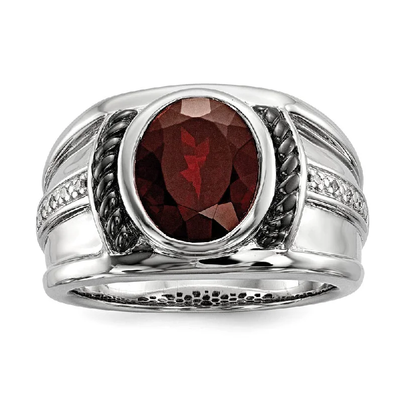 Mens Two Tone Sterling Silver, Oval Garnet & Diamond Wide Tapered Ring