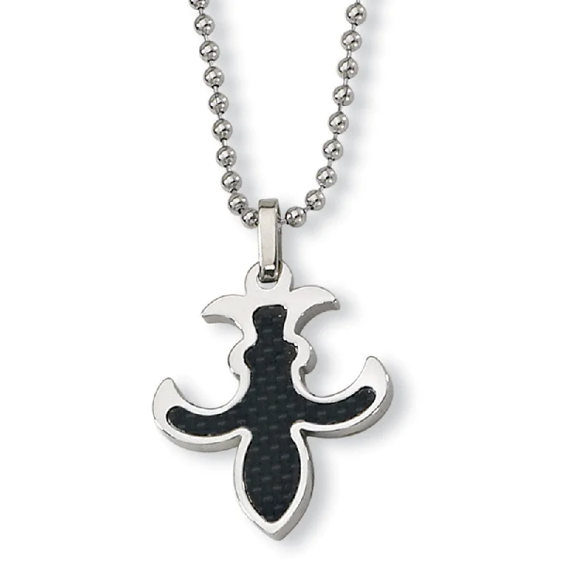 Stainless Steel and Black Carbon Fiber Fleur de lis Necklace - 22 Inch