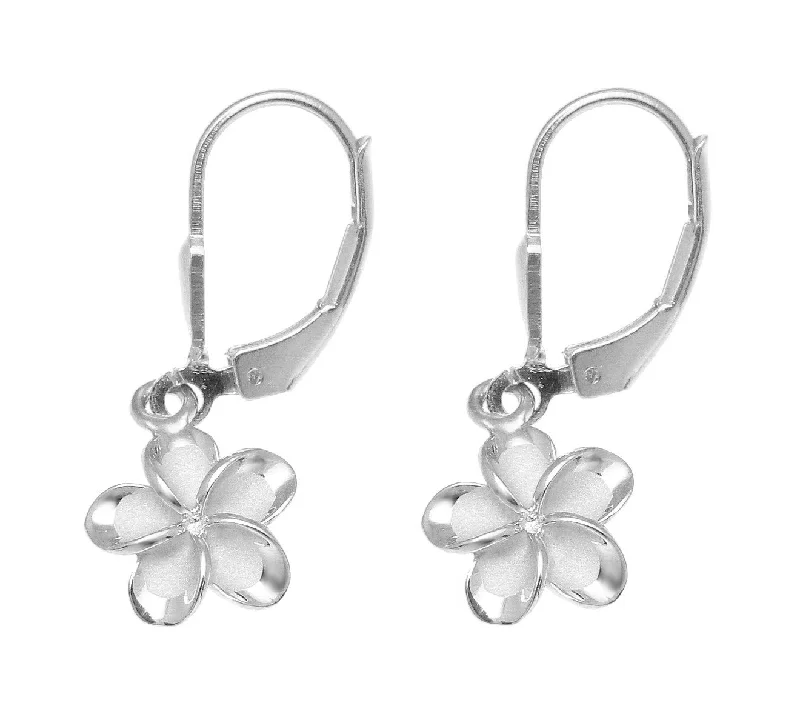 925 Silver Rhodium Hawaiian Plumeria Flower No CZ Stone Leverback Earrings